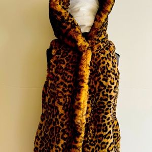 Leopard Faux Fur Hooded Long Vest